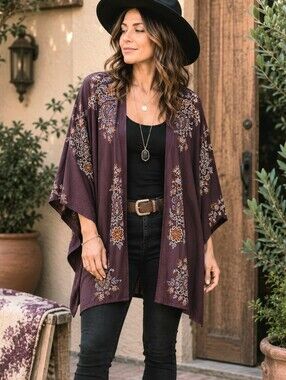 J JILL Embroidered FLORAL Open Front BOHO Kimono Duster Ruana Women's Size S M L